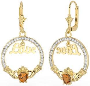 Diamant Citrine Or Argent Claddagh Amour Pendre Des boucles d'oreilles