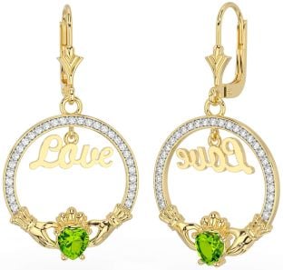 Diamant Peridot Gull Sølv Claddagh Kjærlighet Dingle Øredobber