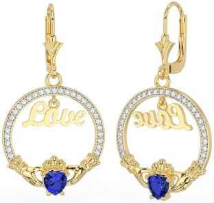 Diamond Sapphire Gold Silver Claddagh Love Dangle Earrings