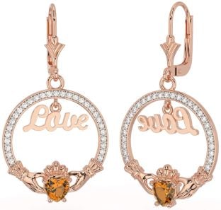 Diamante Citrino Rosa Oro Claddagh Amar Colgar Pendientes