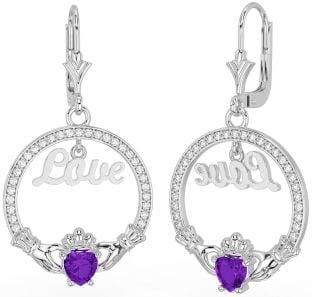 Diamond Amethyst Silver Claddagh Love Dangle Earrings