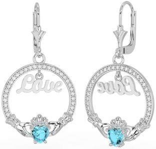 Diamant Bleu vert Argent Claddagh Amour Pendre Des boucles d'oreilles