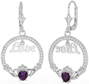 Diamond Alexandrite Silver Claddagh Love Dangle Earrings