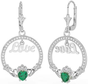 Diamant émeraude Argent Claddagh Amour Pendre Des boucles d'oreilles