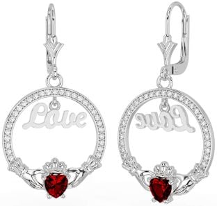 Diamond Granat Argint Cercei Claddagh Love Dangle