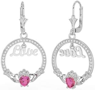 Diamant Rosa Turmalin Silber Claddagh Liebe Baumeln Ohrringe