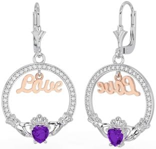 Diamond Amethyst Rose Gold Silver Claddagh Love Dangle Earrings