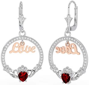 Diamond Garnet Rose Gold Silver Claddagh Love Dangle Earrings