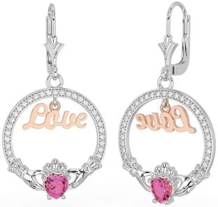 Diamant Rose Tourmalines Rose Or Argent Claddagh Amour Pendre Des boucles d'oreilles