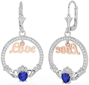 Diamond Sapphire Rose Gold Silver Claddagh Love Dangle Earrings