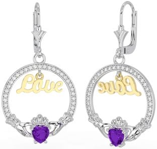 Diamant Amethyst Gold Silber Claddagh Liebe Baumeln Ohrringe