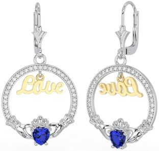 Diamond Sapphire Gold Silver Claddagh Love Dangle Earrings