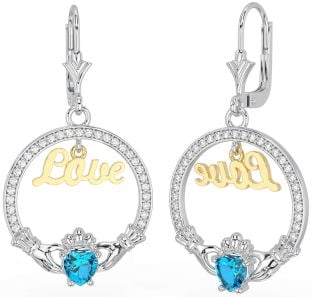 Diamond Topaz Gold Silver Claddagh Love Dangle Earrings