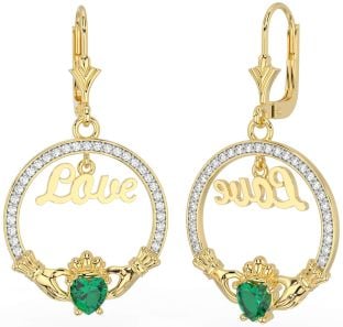 Diamond Emerald Gold Claddagh Love Dangle Earrings