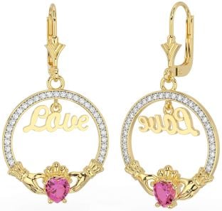 Turmalina Rosa DiamanteBrincos pendentes Claddagh Love em ouro