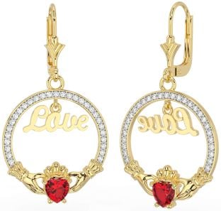 Diamond Ruby Gold Claddagh Love Dangle Earrings