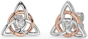 Diamond Rose Gold Silver Celtic Trinity Knot Stud Earrings