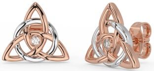 Diamond Rose Gold Silver Celtic Trinity Knot Stud Earrings