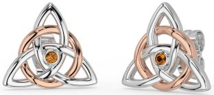 Citrin Weiß Rose Gold keltisch Dreieinigkeit Knoten Zucht Ohrringe