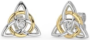 Diamond White Yellow Gold Celtic Trinity Knot Stud Earrings