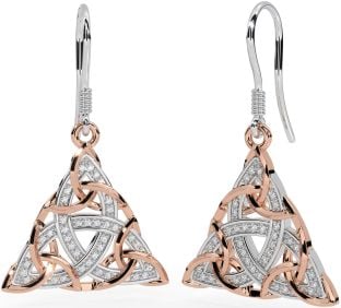 Diamant Weiß Rose Gold keltisch Dreieinigkeit Knoten Baumeln Ohrringe