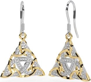 Diamond White Yellow Gold Celtic Trinity Knot Dangle Earrings