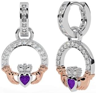 Diamond Amethyst Rose Gold Silver Claddagh Dangle Earrings