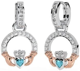 Diamond Aquamarine Rose Gold Silver Claddagh Dangle Earrings