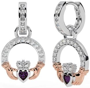 Diamond Alexandrite Rose Gold Silver Claddagh Dangle Earrings