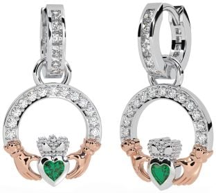 Diamond Emerald Rose Gold Silver Claddagh Dangle Earrings