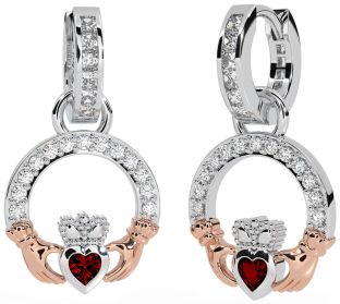 Diamond Garnet Rose Gold Silver Claddagh Dangle Earrings
