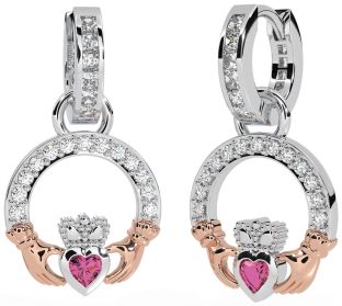 Diamond Pink Tourmaline Rose Gold Silver Claddagh Dangle Earrings