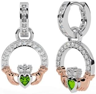 Diamond Peridot Rose Gold Silver Claddagh Dangle Earrings