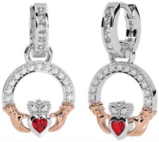 Diamond Ruby Rose Gold Silver Claddagh Dangle Earrings