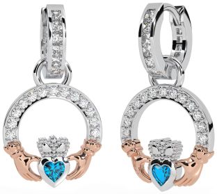 Diamond Topaz Rose Gold Silver Claddagh Dangle Earrings