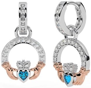 Diamond Topaz Rose Gold Silver Claddagh Dangle Earrings