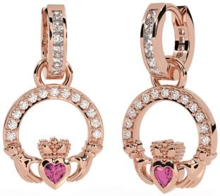 Diamond Pink Tourmaline Rose Gold Silver Claddagh Dangle Earrings