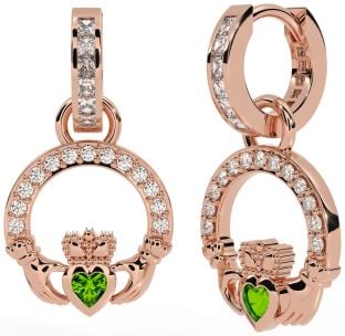 Diamond Peridot Rose Gold Silver Claddagh Dangle Earrings