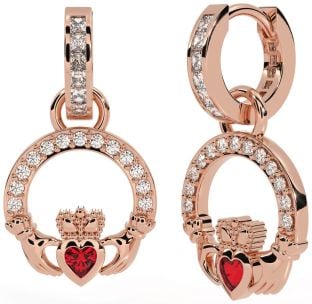 Diamond Ruby Rose Gold Silver Claddagh Dangle Earrings