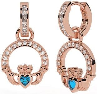 Diamond Topaz Rose Gold Silver Claddagh Dangle Earrings