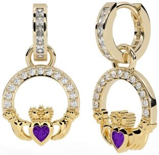 Diamond Amethyst Gold Silver Claddagh Dangle Earrings