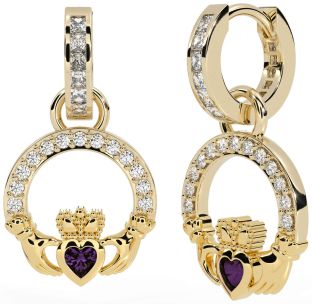 Diamond Alexandrite Gold Silver Claddagh Dangle Earrings
