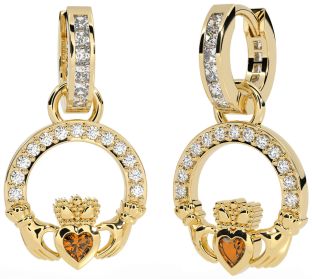 Diamond Citrine Gold Silver Claddagh Dangle Earrings