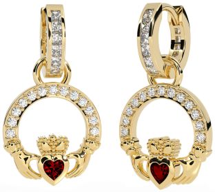 Diamond Garnet Gold Silver Claddagh Dangle Earrings