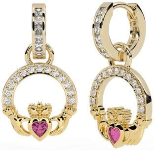 Diamond Pink Tourmaline Gold Silver Claddagh Dangle Earrings