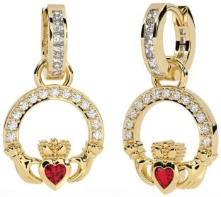 Diamond Ruby Gold Silver Claddagh Dangle Earrings