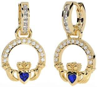 Diamond Sapphire Gold Silver Claddagh Dangle Earrings