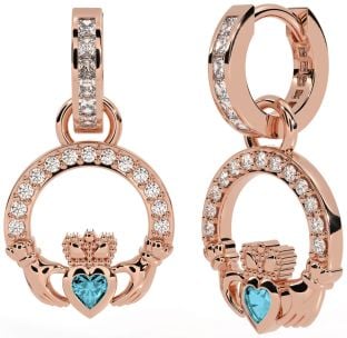 Diamond Aquamarine Rose Gold Claddagh Dangle Earrings