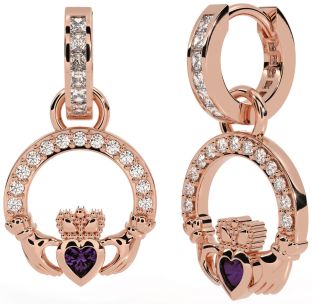 Diamond Alexandrite Rose Gold Claddagh Dangle Earrings