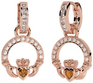 Diamond Citrine Rose Gold Claddagh Dangle Earrings